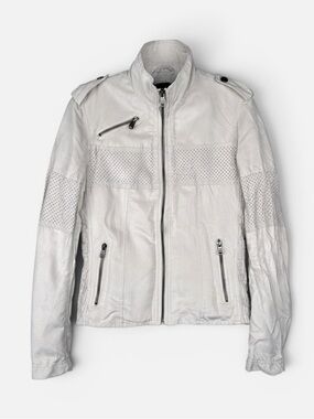 VTG Ellus Perforated Moto Jacket S Off White Crinkled Vegan Suede Casual Y2K